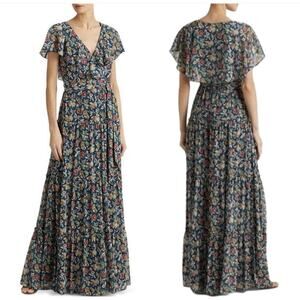 Lauren Ralph Lauren Women Chiffon Georgette Floral Tiered Maxi Boho Dress Size 2